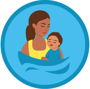 Icon shows a  mother standing up in the water  holding her baby to indicate that this is a parent-and-baby class for babies between 3 and 12 months