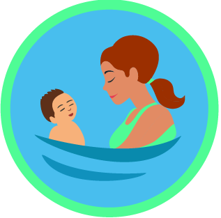 Icon shows a mother face to face with her toddler in the water, who is learning to swim independently with her support. 