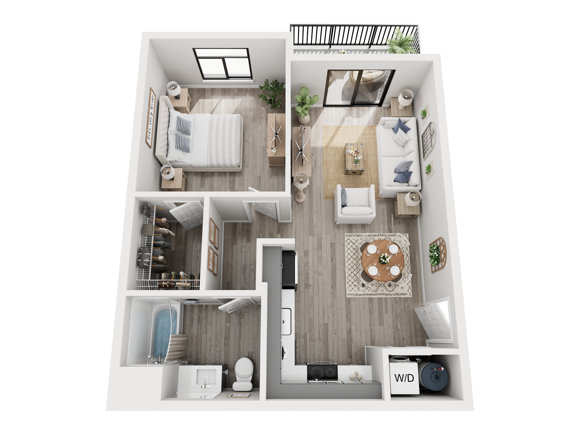 A 3d floor plan of a single bedroom apartment with a balcony.