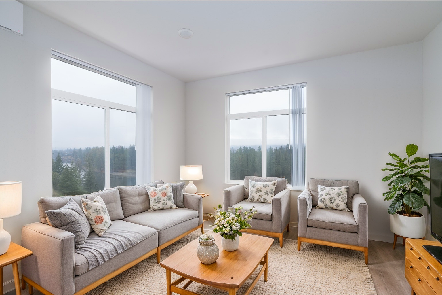 A living room with a couch , two chairs , a coffee table and a television.