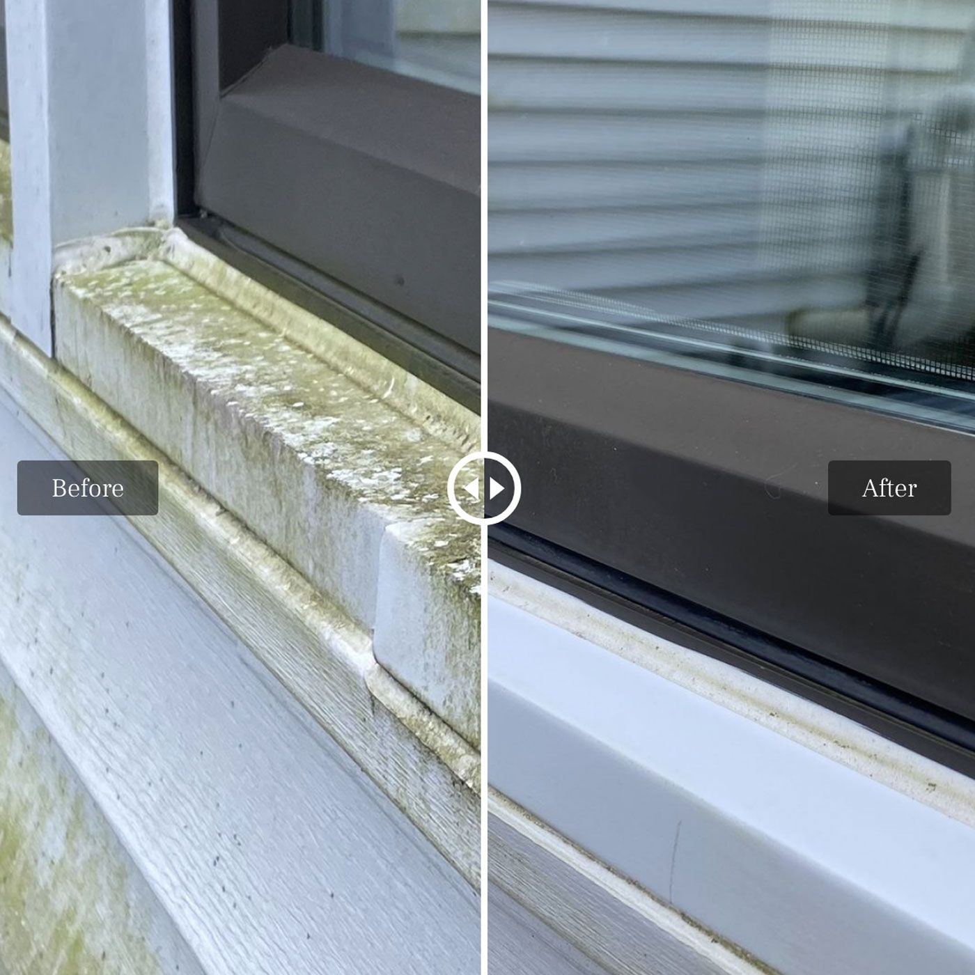 Before and after of window cleaning: dirty, moldy window sill transforming to clean.