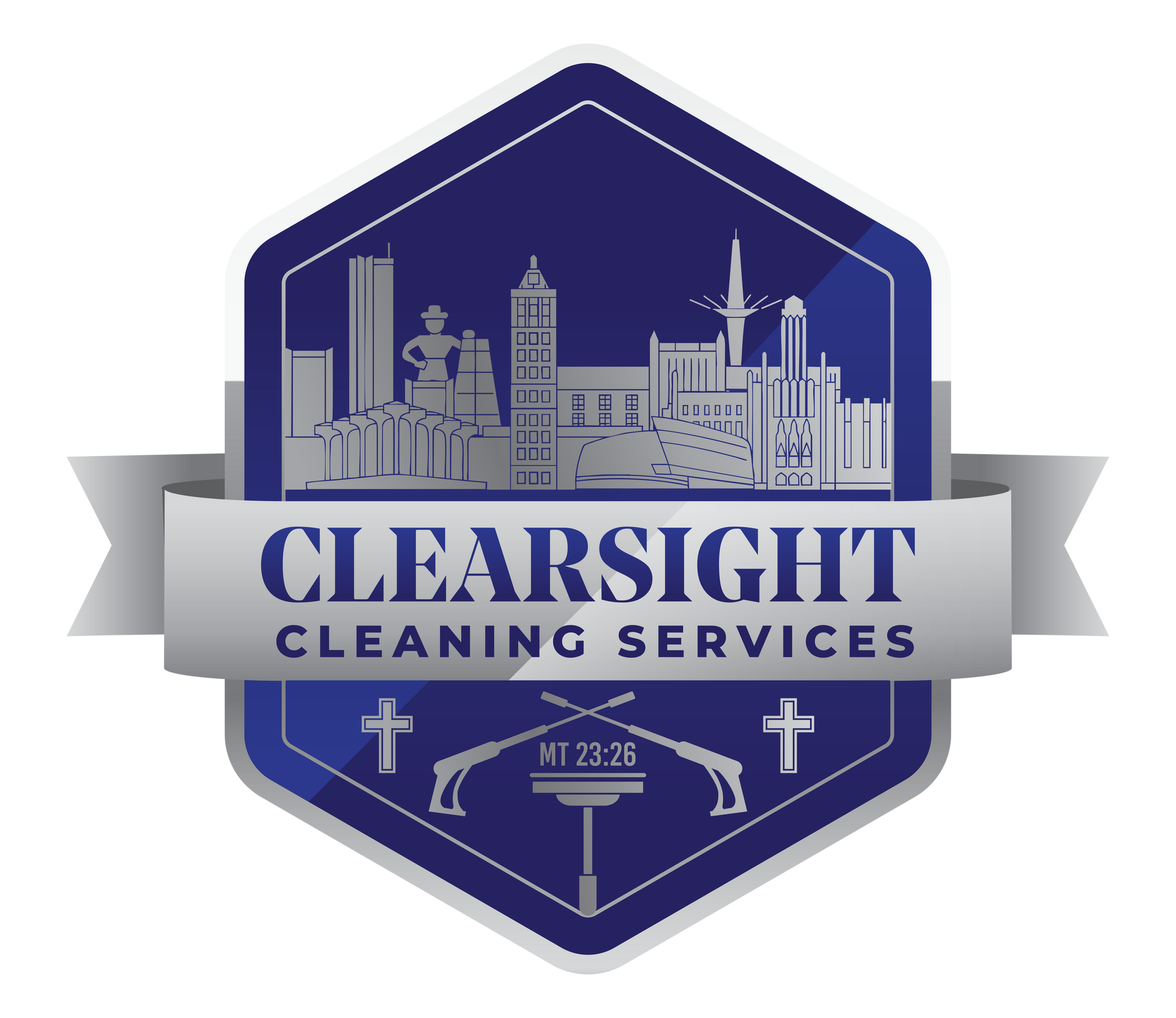 Logo for Clearsight Cleaning Services featuring a cityscape, cross, and text: Clearsight Cleaning Services.