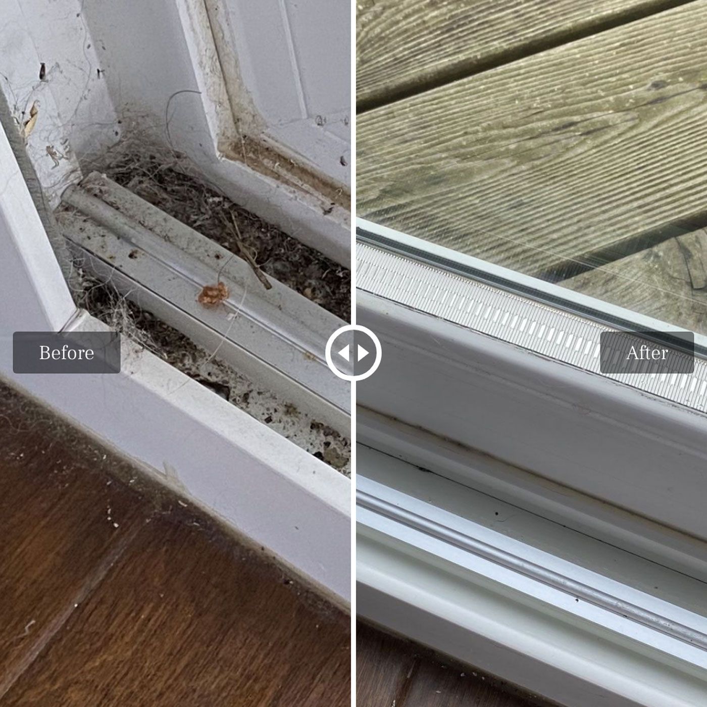 Comparison of a sliding door track: before (dirty) and after (cleaned).