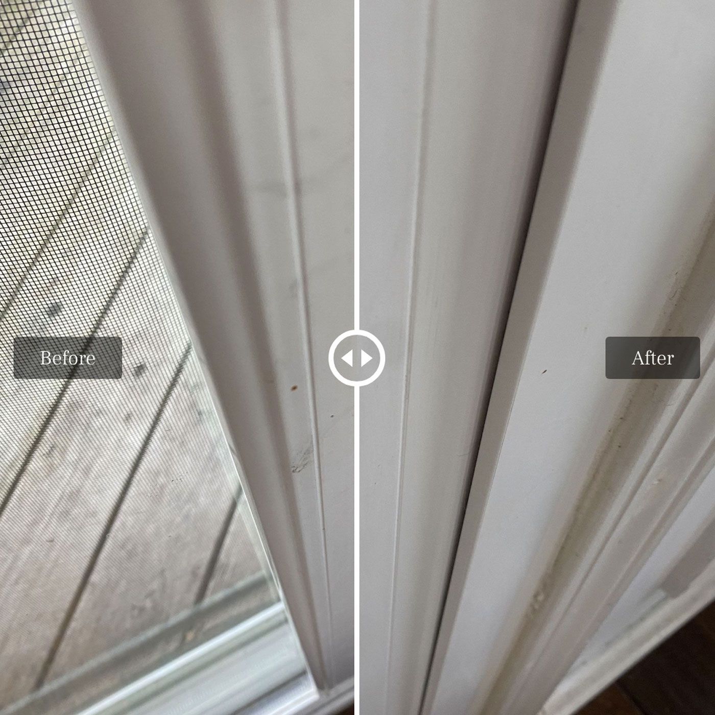 Comparison of a window frame before and after cleaning; showing improved cleanliness.