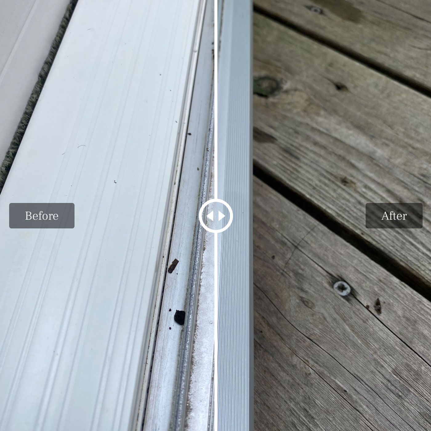 Before and after cleaning of a white door frame; dark debris and discoloration removed.