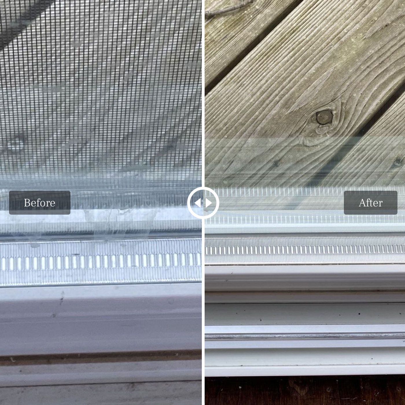 Before and after of a window screen cleaning; showing a dirty screen and a clean screen with a wooden deck visible.