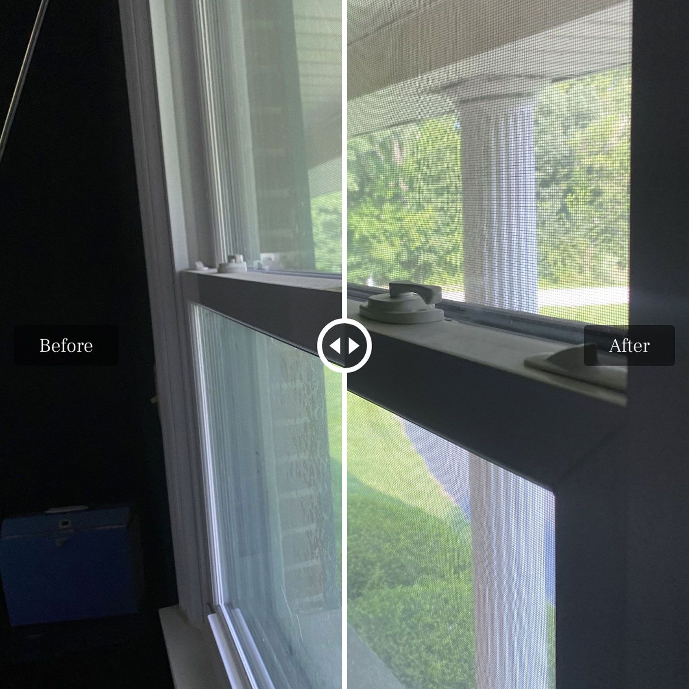 A window split screen: Before, a dark interior; After, a screened window with a view of a bright outdoor setting.