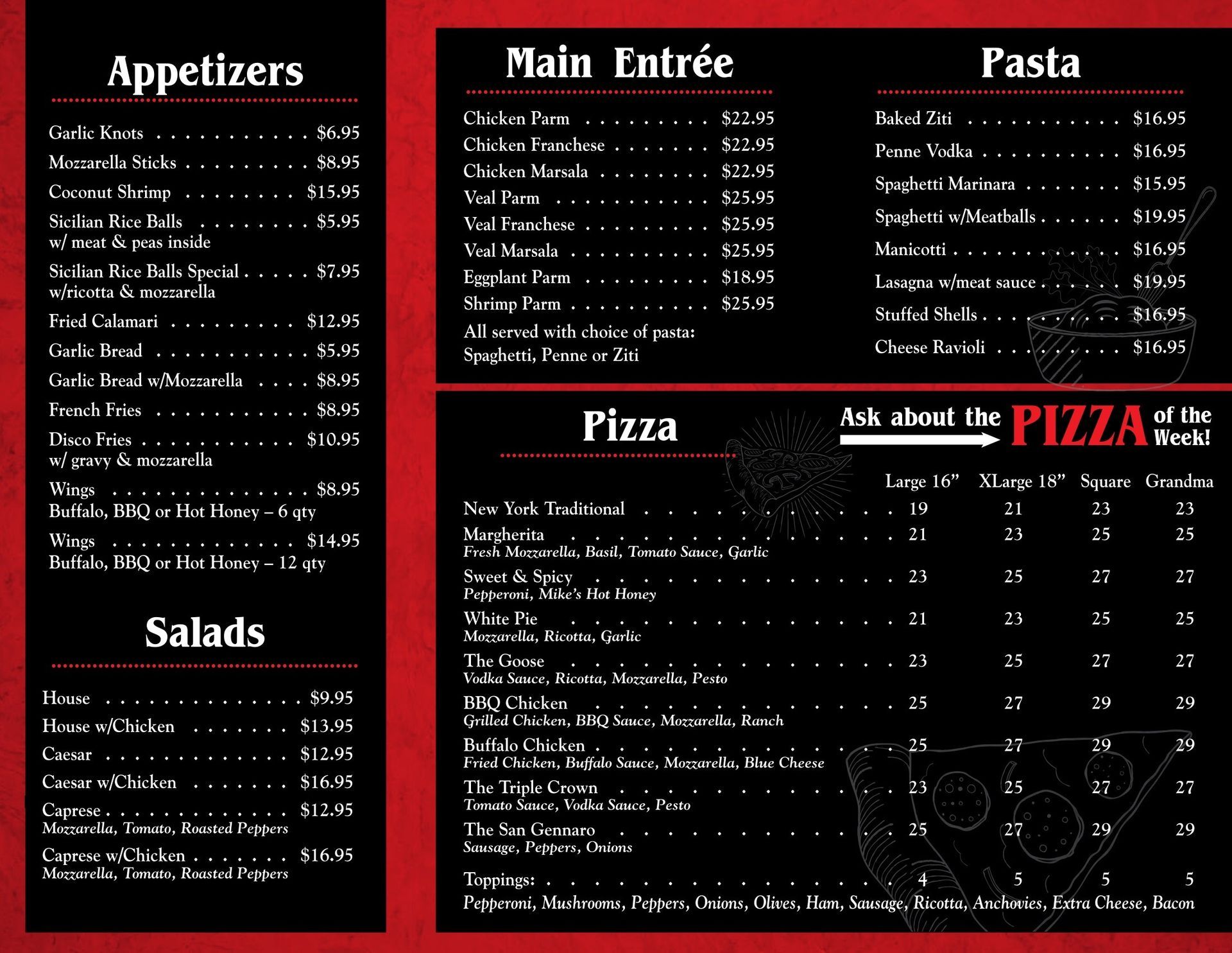 A menu with appetizers main entree pasta and salads