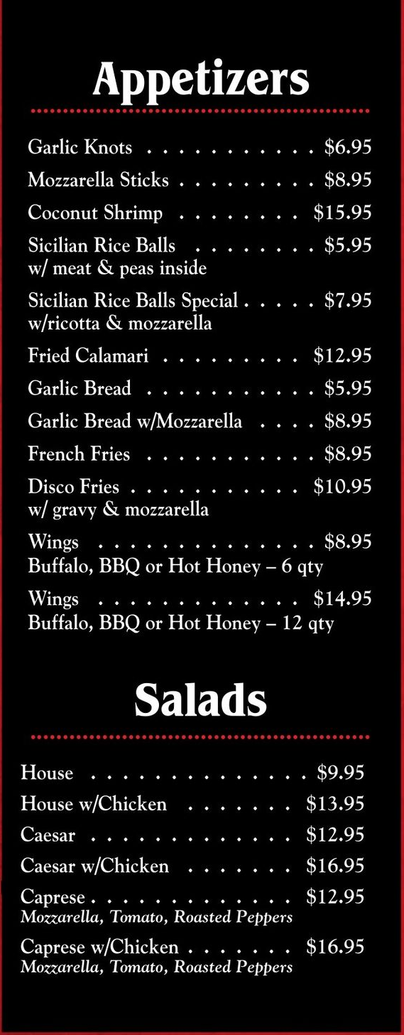 A menu with appetizers main entree pasta and salads