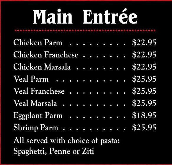 A menu with appetizers main entree pasta and salads