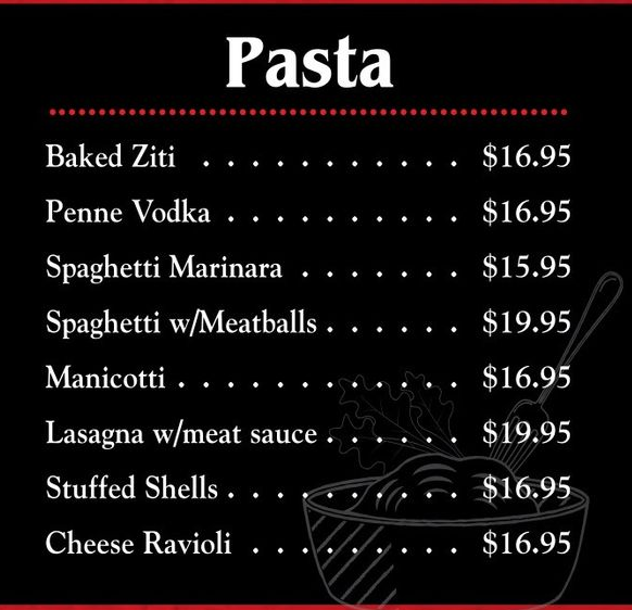 A menu with appetizers main entree pasta and salads