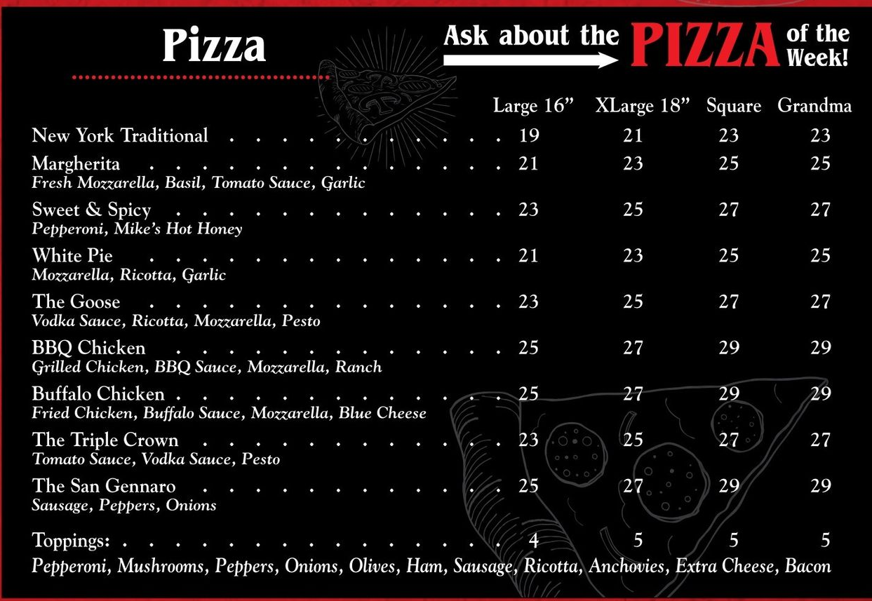 A menu with appetizers main entree pasta and salads