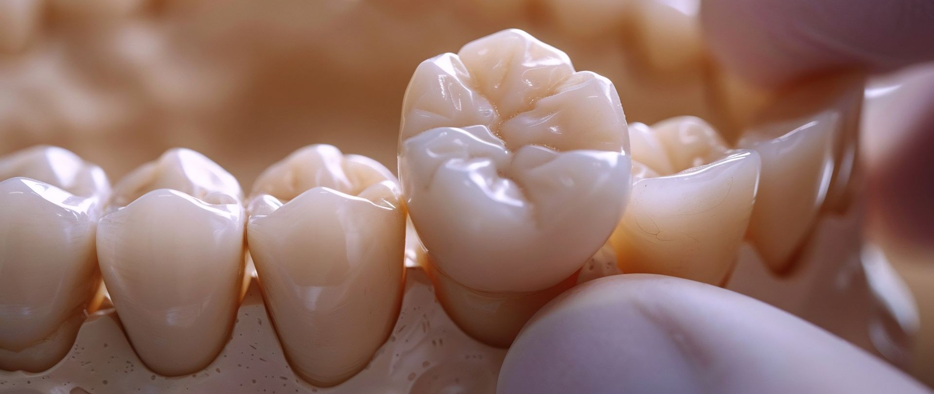 Close-up of teeth in a dental model; one is being held up by a gloved hand.