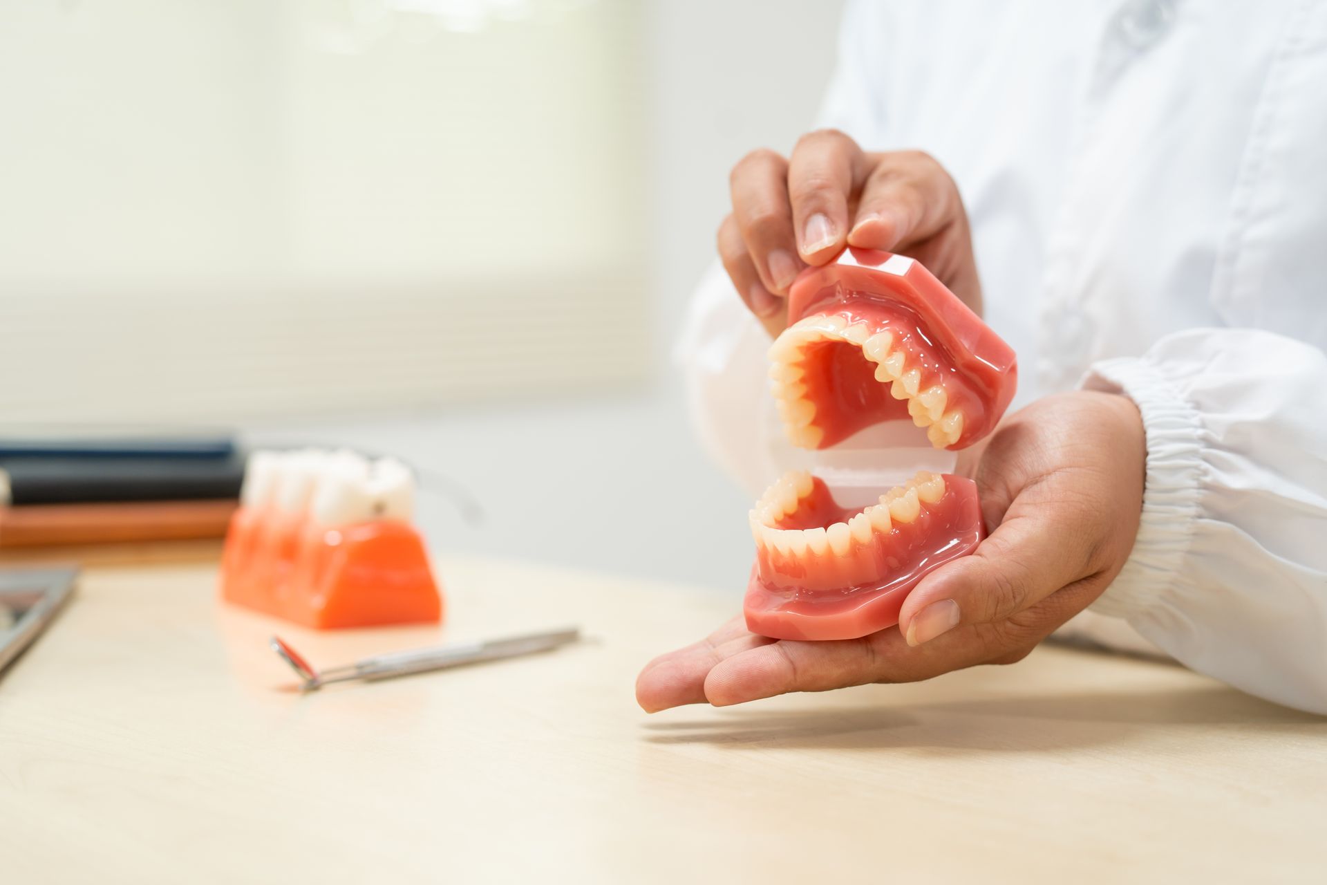 A person in a white lab coat holds a dental model of human teeth and gums against a bright, clinical background.