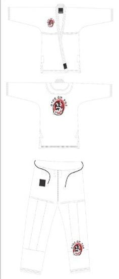 White Jiu-Jitsu uniform, top, t-shirt, and pants. All pieces feature a red logo.