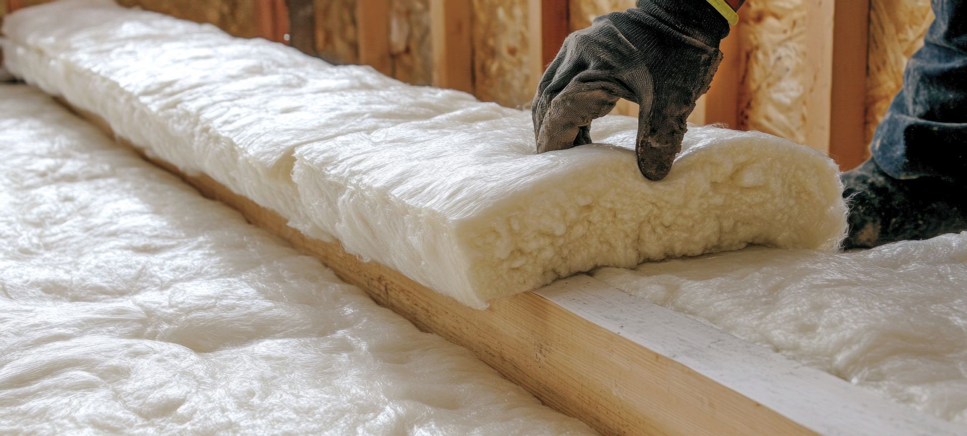 A person is laying fiberglass batts insulation on a piece of wood.