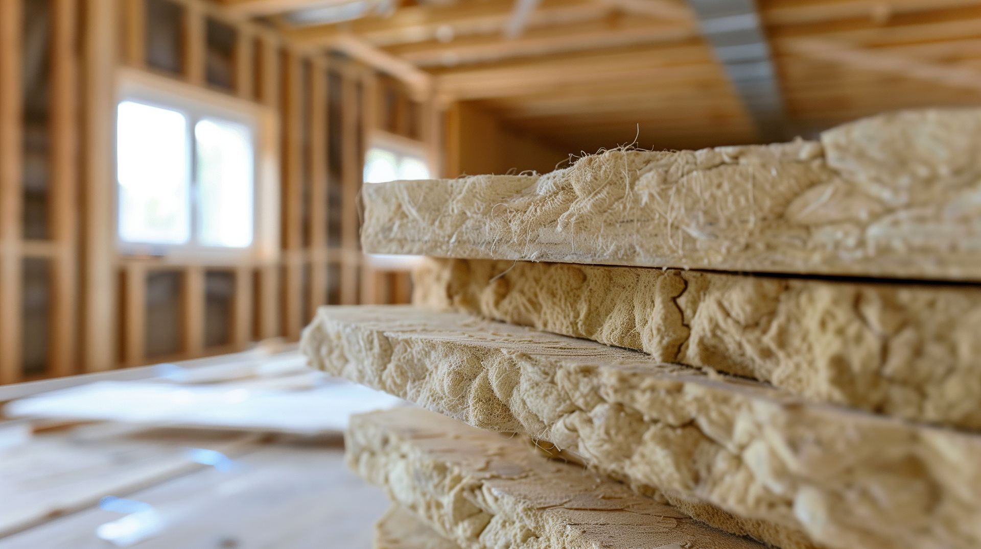 A close up of a stack of insulation in a house under construction.