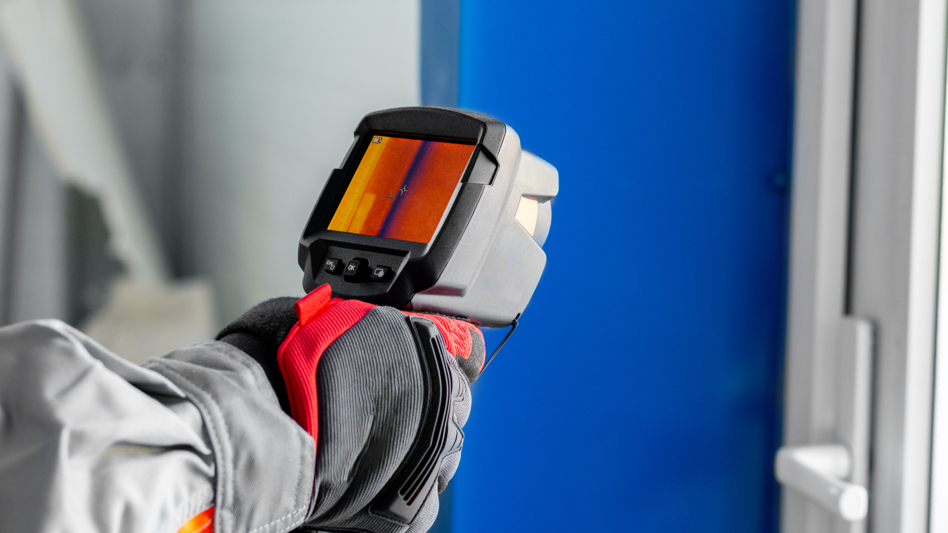 Person in work gloves uses a thermal camera to scan a blue window.