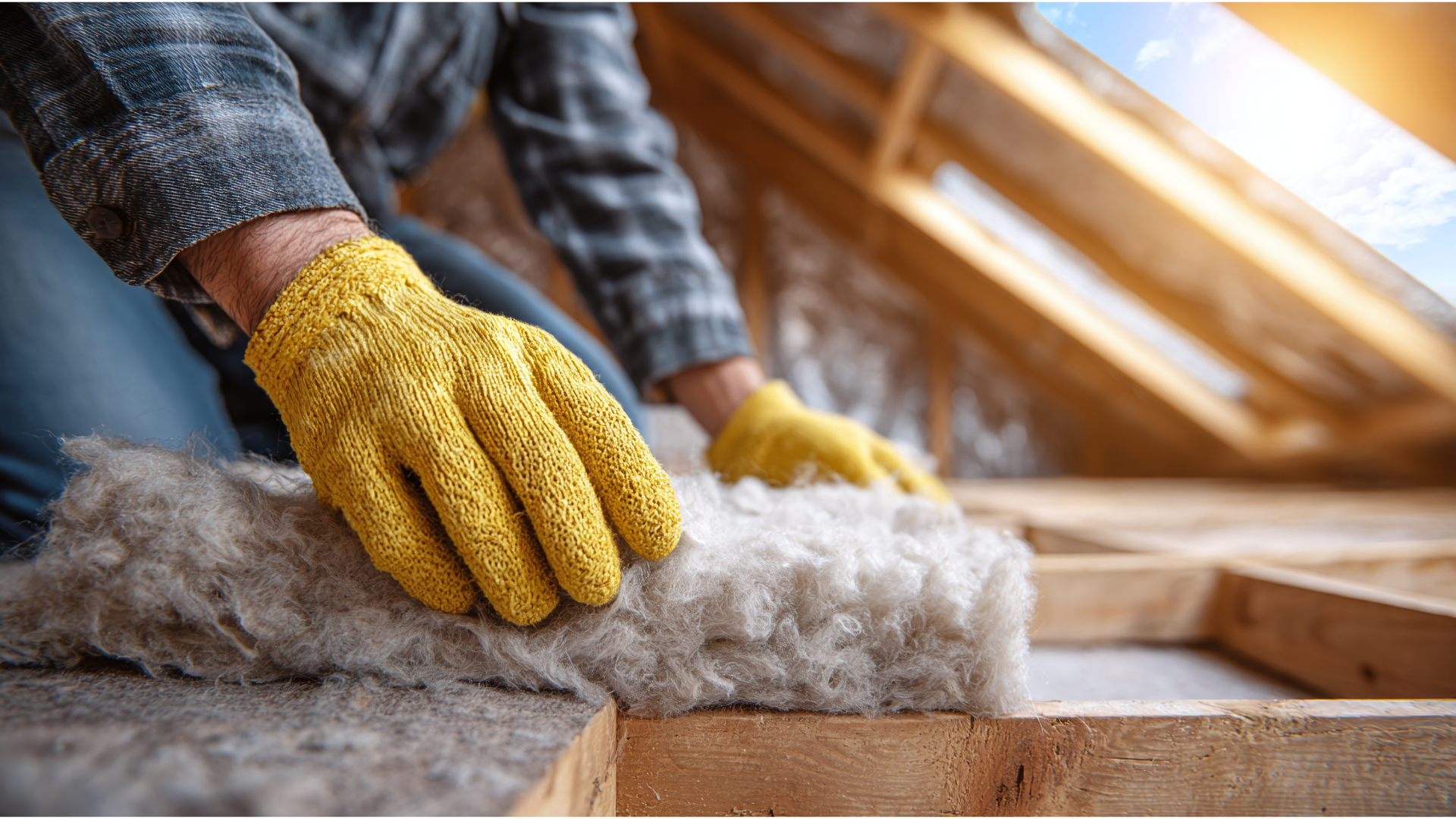 A person wearing yellow work gloves installs soft, fibrous insulation batts between wooden floor joists in an attic.