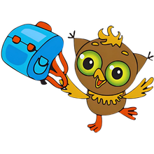 A cartoon owl is holding a blue backpack
