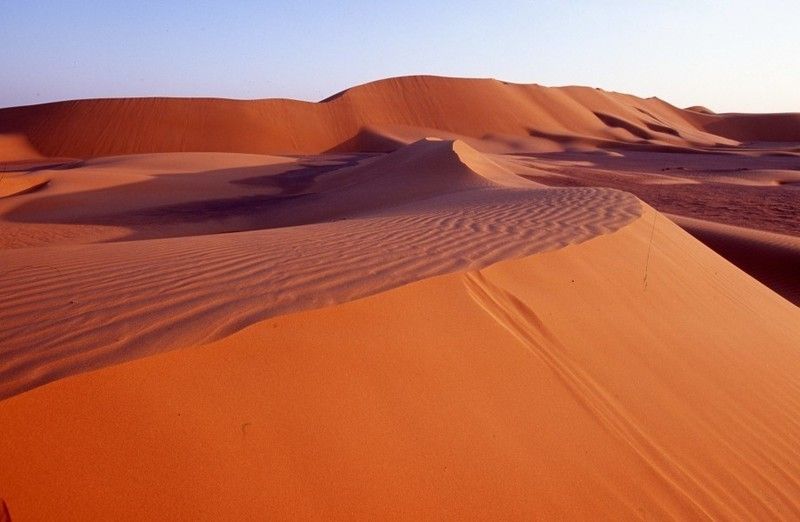 Paesaggio desertico con dune di sabbia rosso-arancio sotto un cielo limpido.