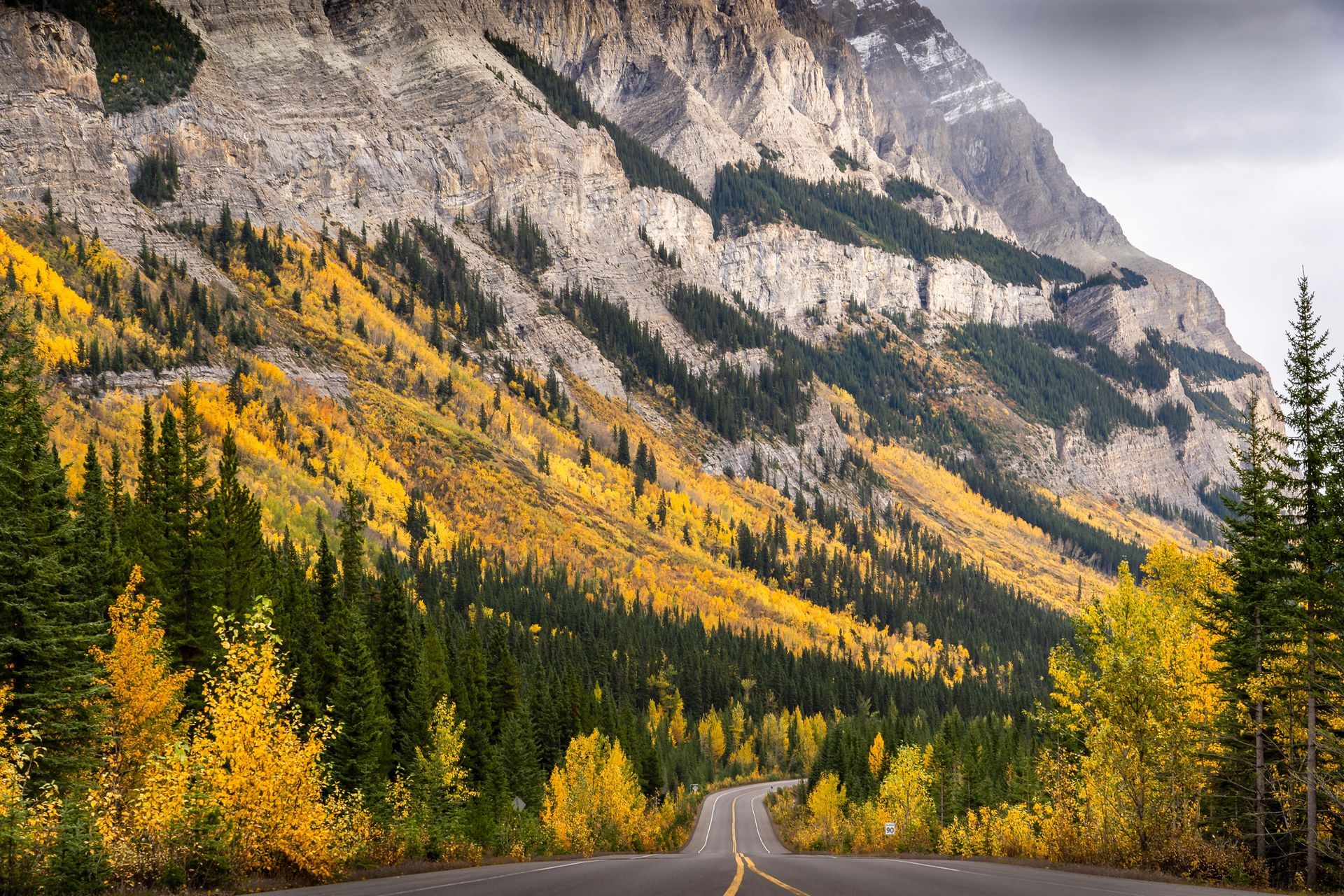 Una strada tortuosa tra alberi dai colori autunnali ai piedi di una montagna rocciosa sotto un cielo nuvoloso.