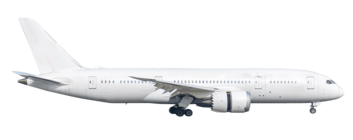 A white passenger jet is sitting on the runway on a white background.