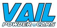 A blue and white logo for vail powder cars