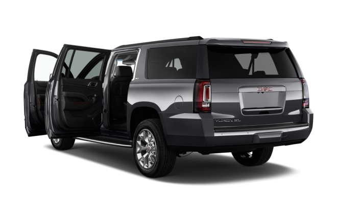 A gray suv with its doors open on a white background.