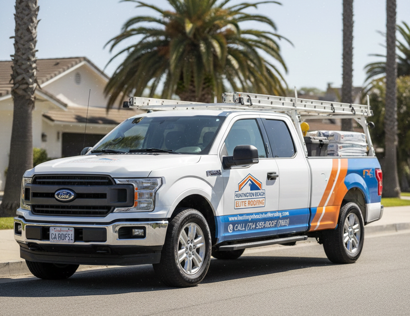 Huntington Beach Elite Roofing work truck at a local job site.