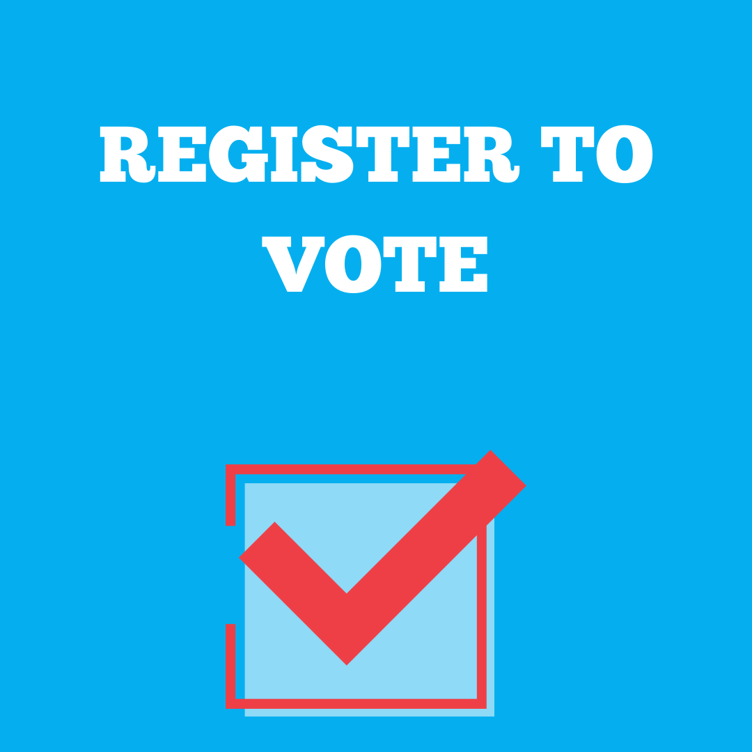 A blue background with the words `` register to vote '' and a check mark.