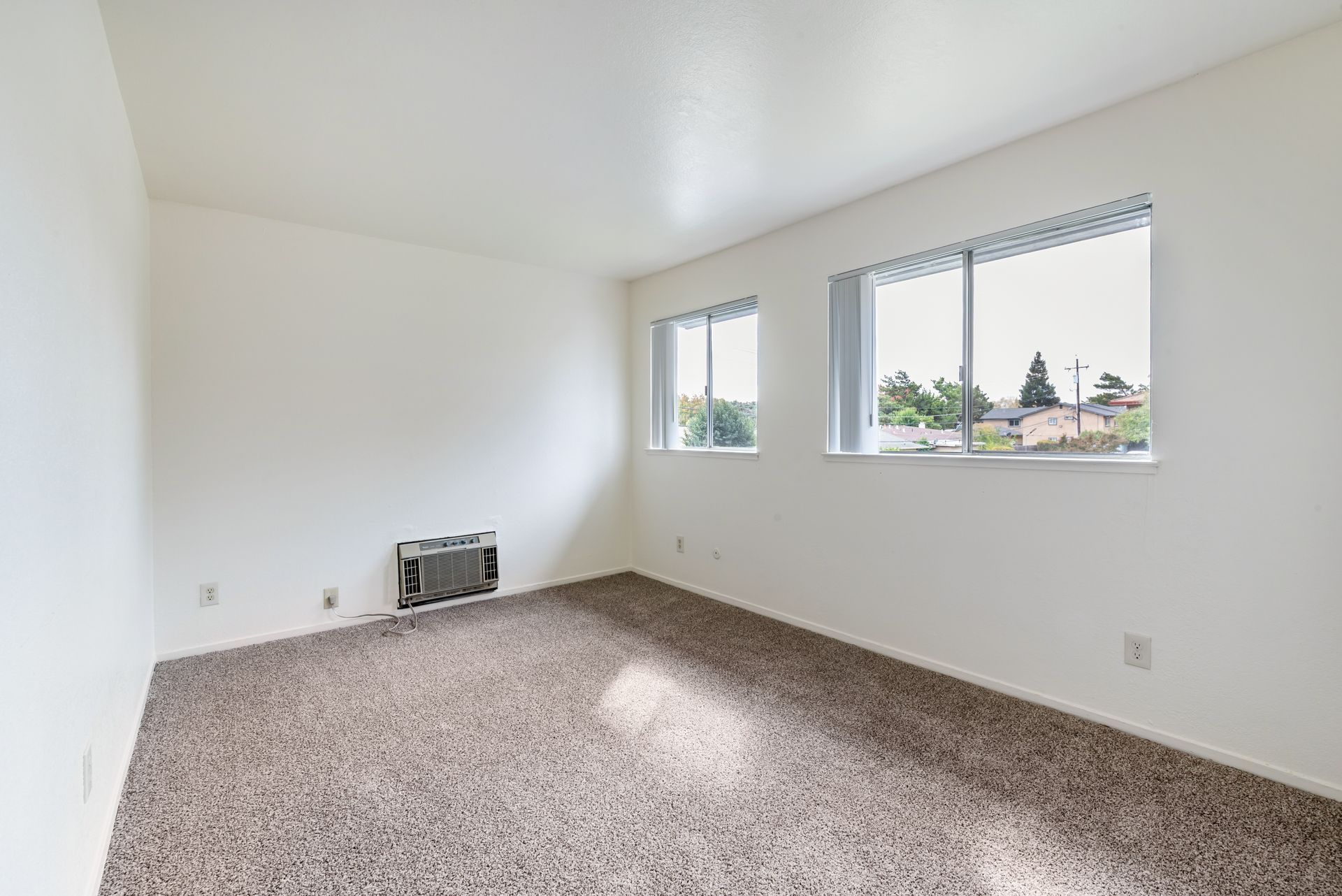 Empty room with beige carpet, white walls, two windows, and a wall heater.