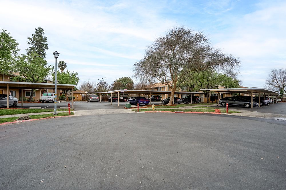Carport parking area with covered spaces for vehicles in a residential setting.
