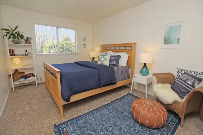 Bedroom with a bed, rug, bookshelf, armchair, and natural light.