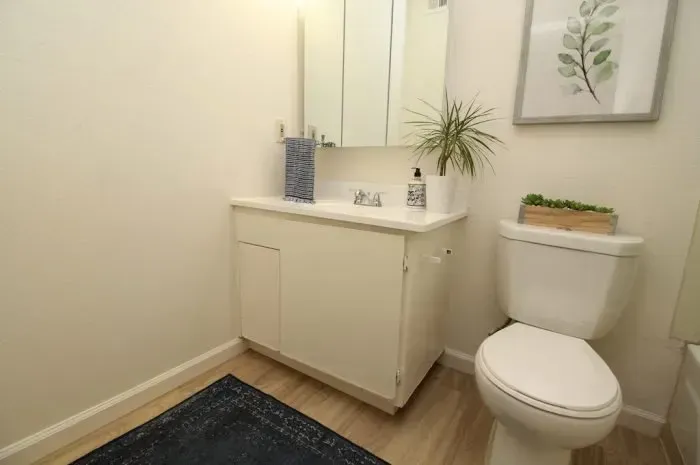 White bathroom with a toilet, vanity, and a framed botanical print.