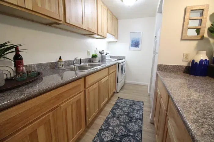 Kitchen with wood cabinets, gray countertops, and a patterned rug.