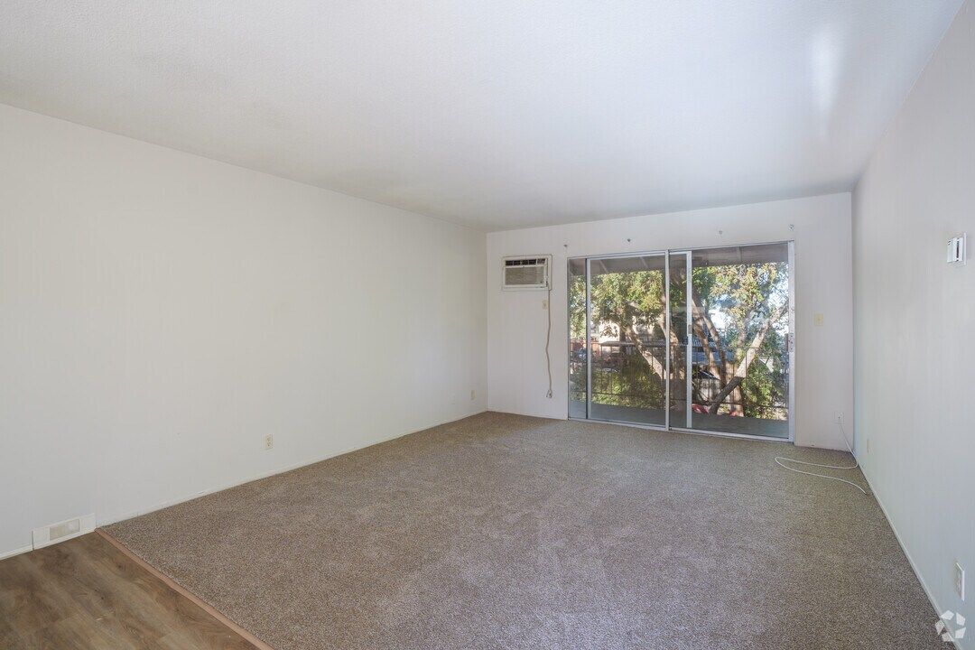 Empty room with beige carpet, white walls, and sliding glass doors to a tree-filled outdoor view.
