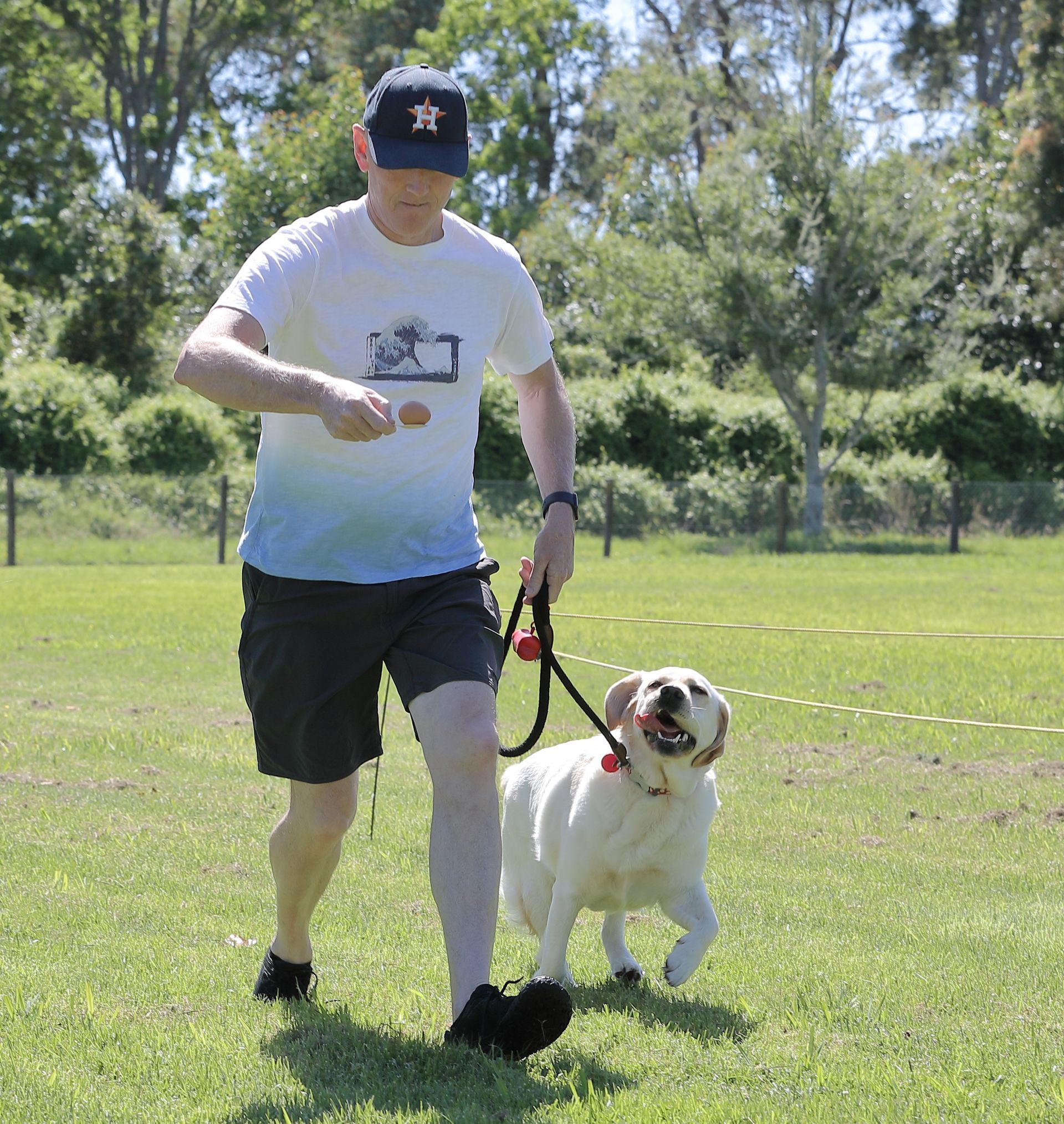 Man walking with a yellow Labrador on a leash in a grassy field.