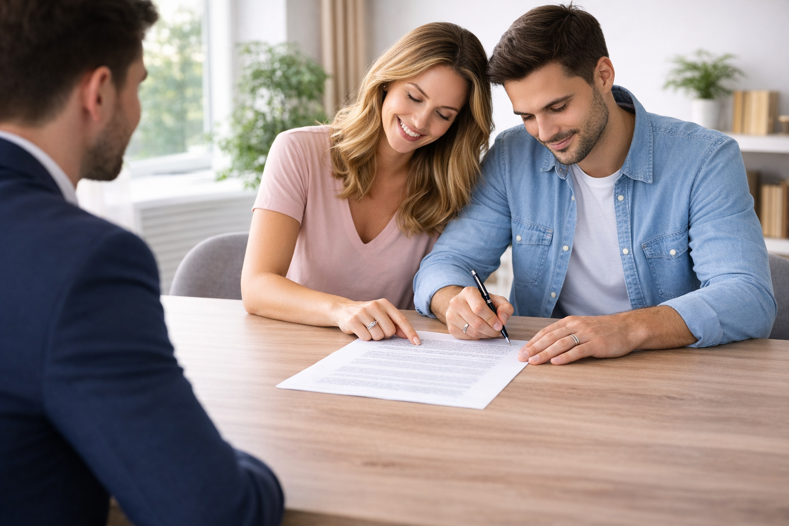 Et pars hænder, foldet, på hver side af skilsmissepapirer, vielsesring og pen på et bord.