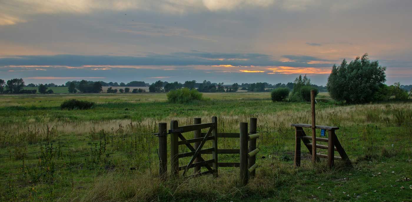 Træport i en græsklædt mark i skumringen med en overskyet himmel og træer i det fjerne.