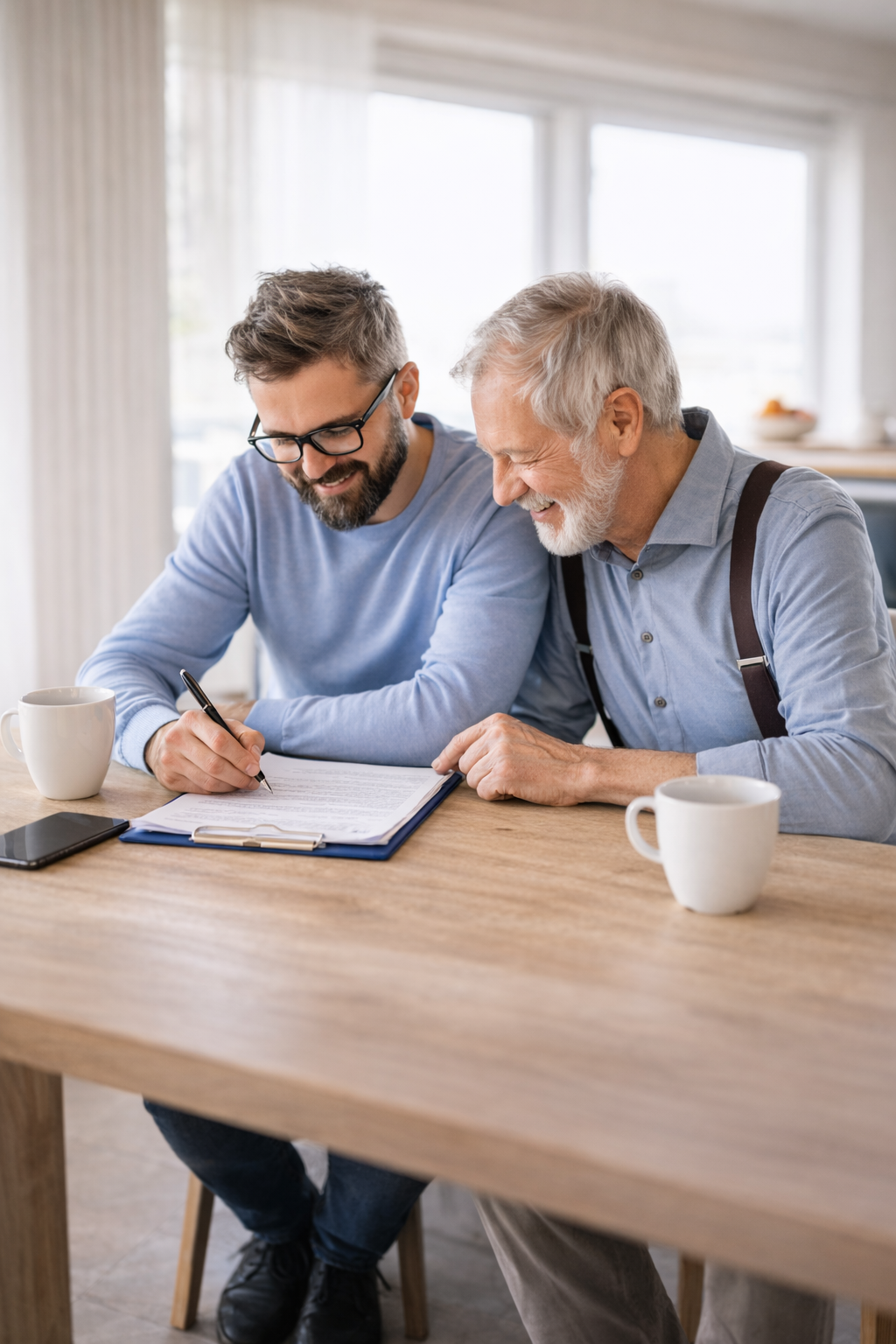 To personer sidder ved et træbord og gennemgår dokumenter sammen med kaffekrus og en telefon i nærheden i et lyst rum.