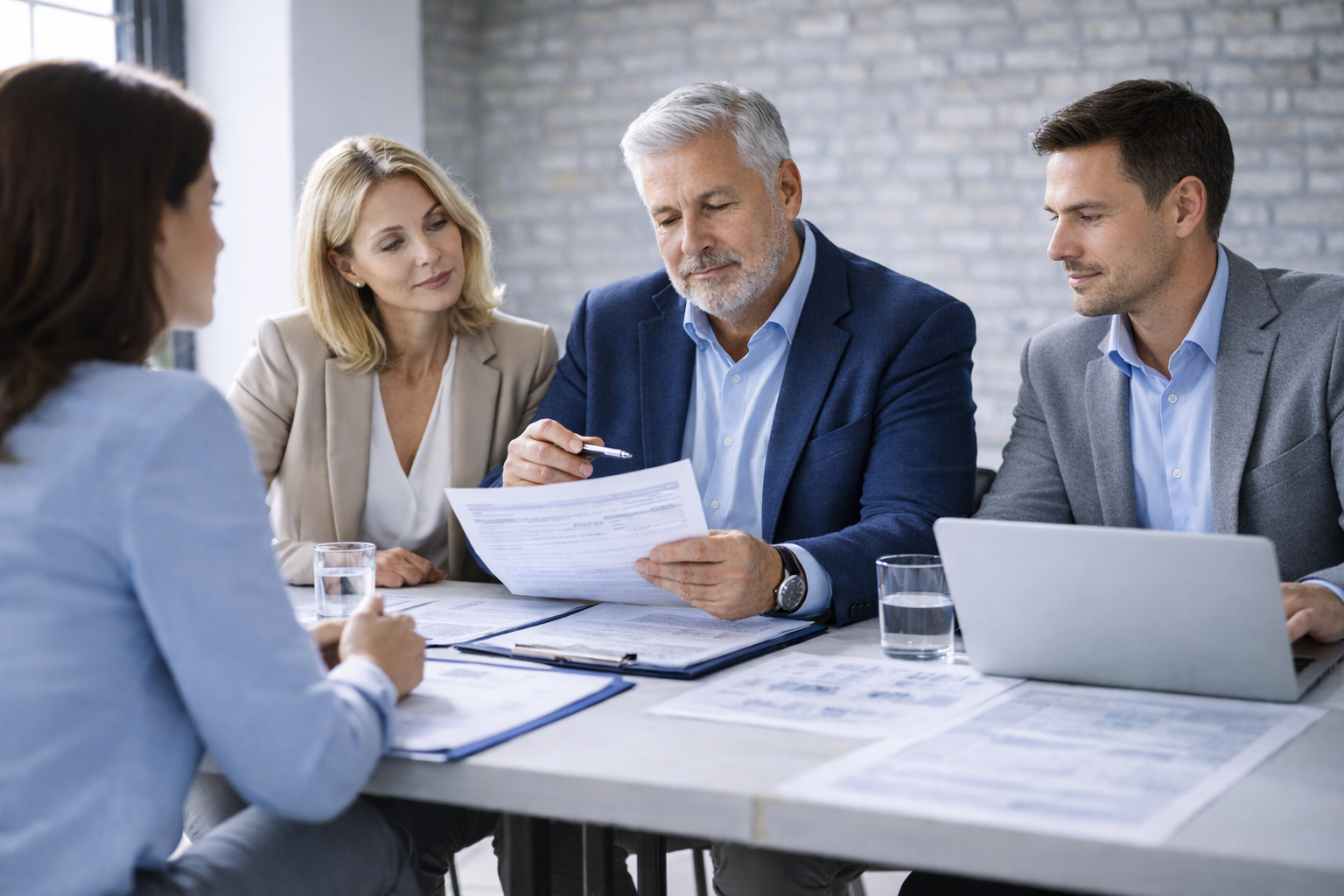 Fire professionelle sidder omkring et bord på et kontor, gennemgår dokumenter og diskuterer arbejde sammen.