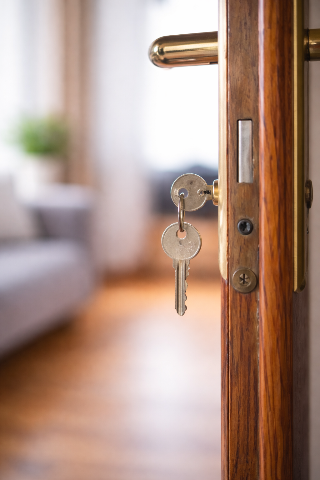 Et nærbillede af en metalnøgle i en trædørlås med et sløret indre rum i baggrunden.
