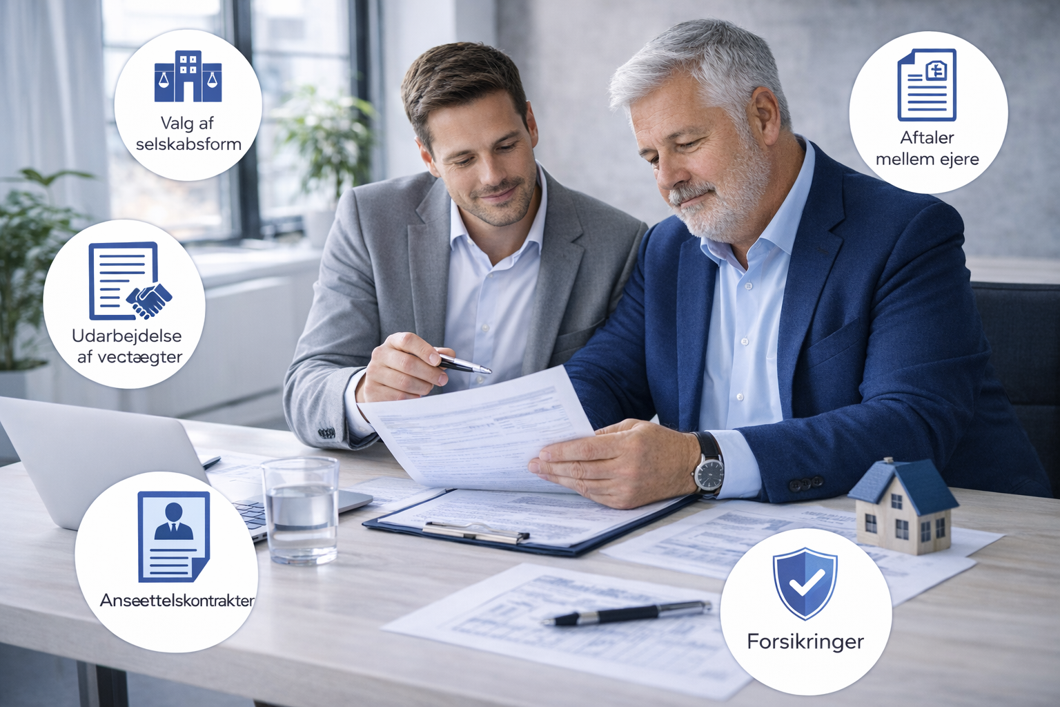 To professionelle i et lyst kontor gennemgår dokumenter, omgivet af cirkulære ikoner, der repræsenterer forretningsservices.