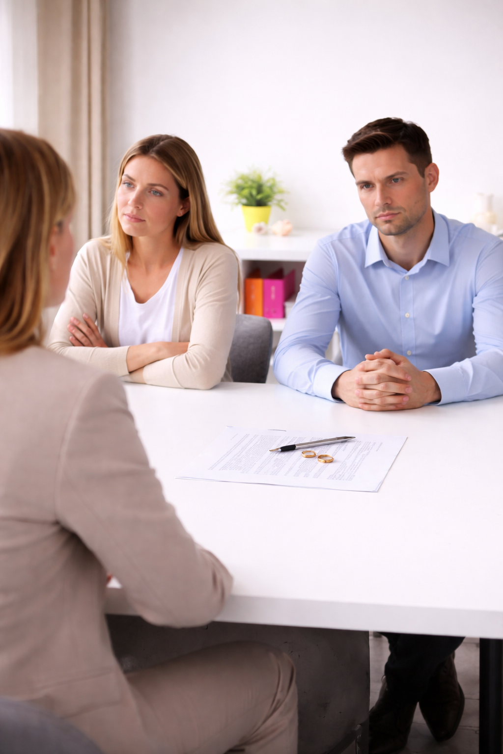 Tre personer sidder omkring et hvidt bord på et kontor, engagerede i et professionelt møde med dokumenter placeret i midten.