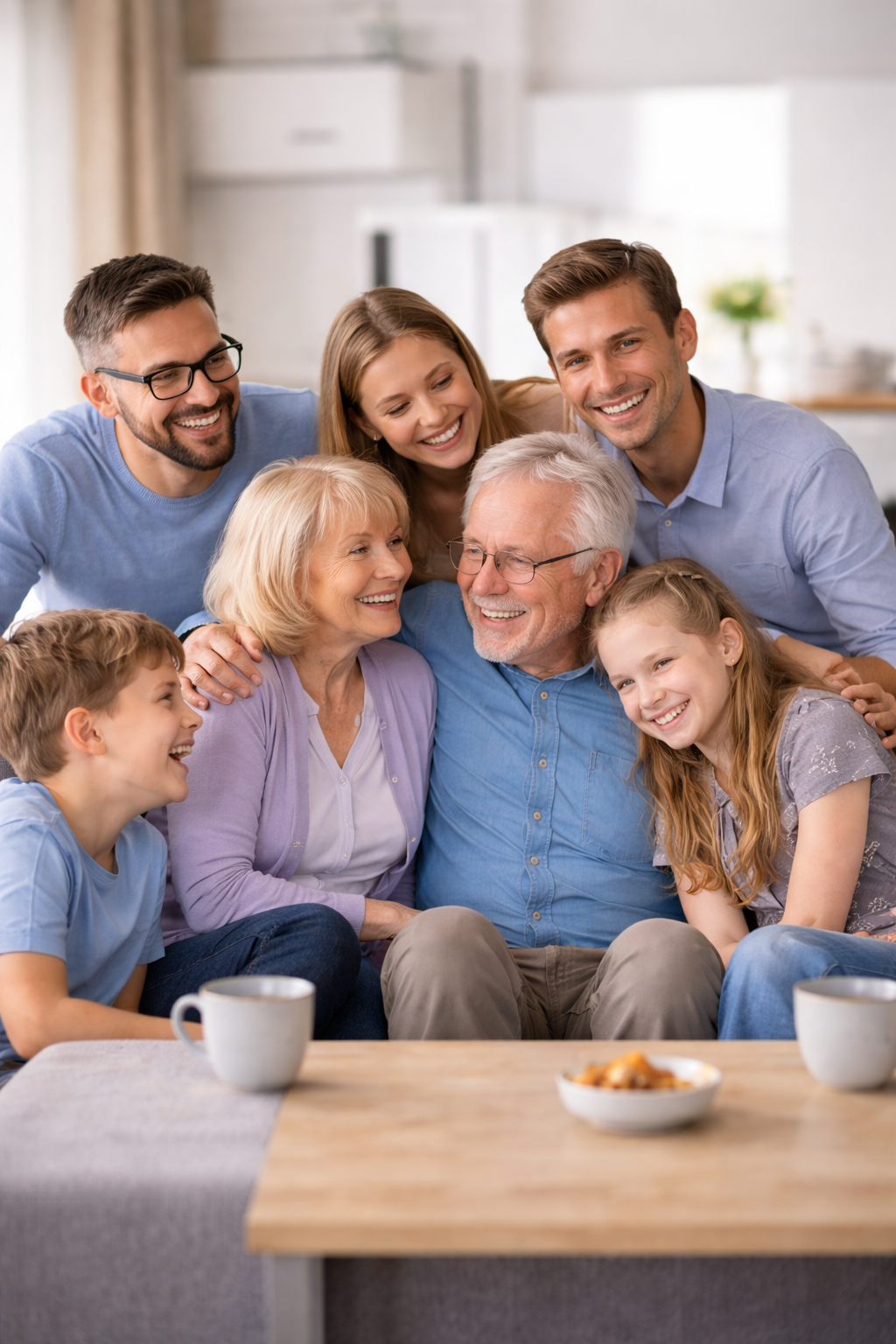 En familie med flere generationer sidder sammen i en sofa, smiler og griner i en lys, moderne stue.