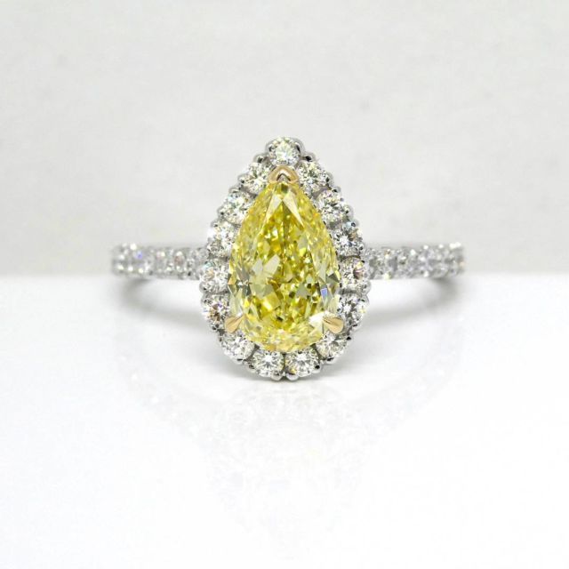 Kimberfire yellow pear diamond halo engagement ring