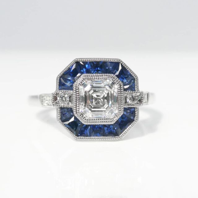 Kimberfire antique asscher sapphire halo engagement ring