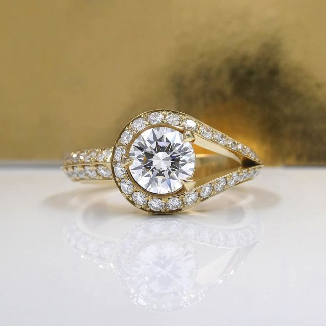 Kimberfire unique round halo engagement ring