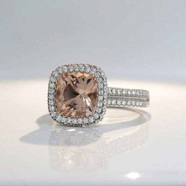 Kimberfire morganite halo engagement ring